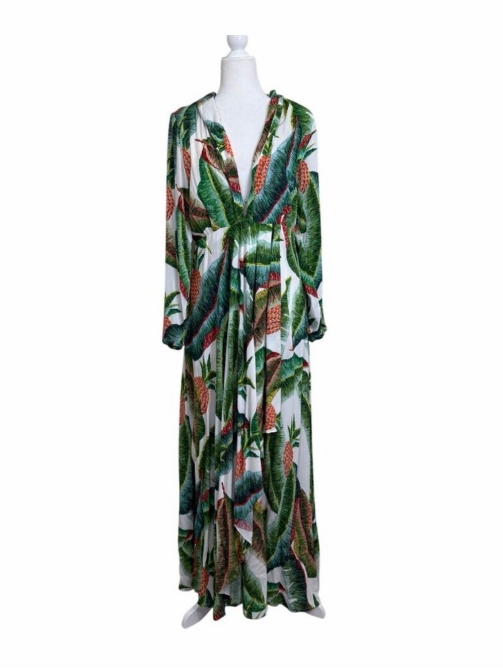 Farm Rio Forest Palm Maxi Dress Tropical Long Sleeve Deep V-Neck Flowy Size S - Picture 2 of 4